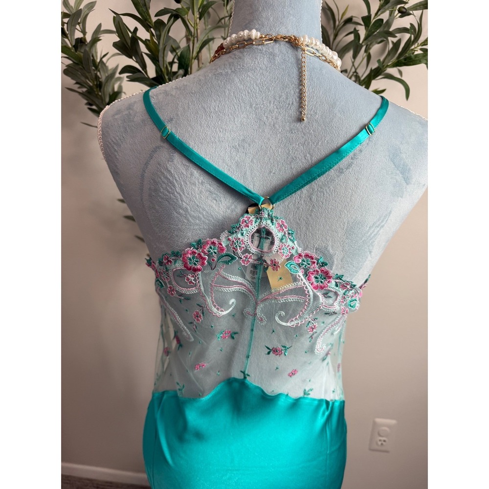 Cosabella Teal 100% Silk Delicate Floral Embroidered Mesh Chemise Nightgown M - Picture 5 of 13